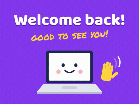 Welcome Back Laptop Waving Hello Welcome back, good to see you message with a smiling laptop and a waving hand on purple