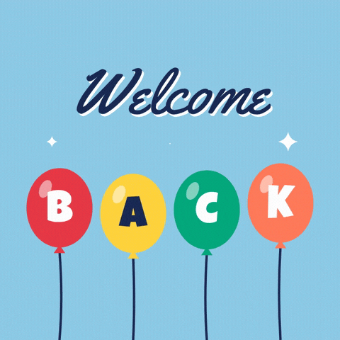 Welcome Back Letter Balloons Welcome back message spelled with four colourful floating letter balloons on a light blue background