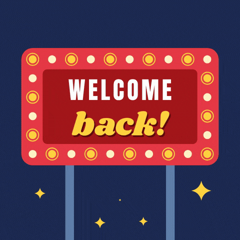 Welcome Back Marquee Sign Welcome back marquee sign with chasing gold light bulbs and twinkling stars on a navy background