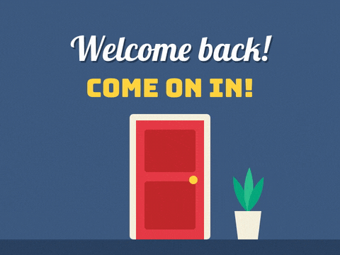Welcome Back Office Door Opening Welcome back, come on in message with a red office door swinging open to warm light and a heart