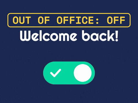 Out of office: OFF, welcome back message with a toggle switch flipping off and gold sparkles on navy