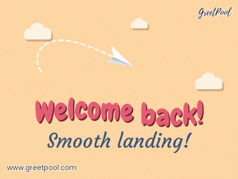 Welcome back in rippling pink letters as a white paper plane loops through peach sky, Smooth landing below