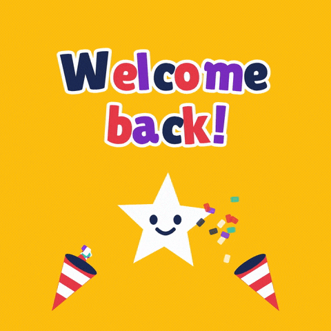 Welcome Back Party Poppers Welcome back message with party poppers bursting confetti around a smiling star on yellow