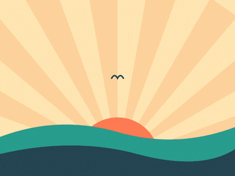 Welcome back in navy script over a striped retro sun rising behind green hills with a Good to see you ribbon