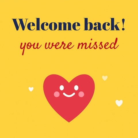 Welcome Back You Were Missed Heart Welcome back, you were missed message with a smiling red heart and floating hearts on yellow