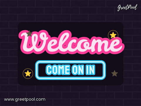 Pink neon Welcome sign flickering on above a blue Come on in box on a dark brick wall with blinking stars