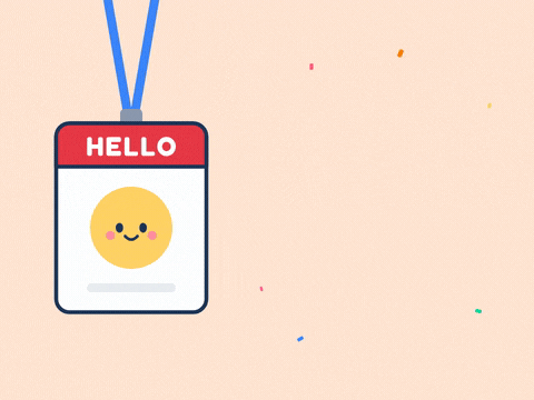 Welcome to the team message beside a swinging HELLO name badge with a smiley face on a peach background