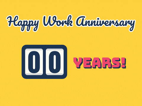Happy work anniversary counter rolling up to 10 years with stars on a bright yellow background