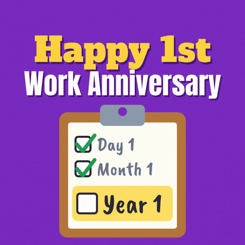 1st Work Anniversary Year One Checklist Happy 1st work anniversary clipboard checklist with Day 1, Month 1 and Year 1 ticked off on purple