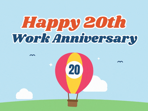 Happy 20th work anniversary hot air balloon with the number 20 floating past clouds in a blue sky