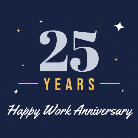 Silver 25 years with a shimmer and gold stars, happy work anniversary in script on navy