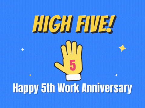 5 Year Work Anniversary High Five High five, happy 5th work anniversary: yellow hand with a 5 on the palm and burst lines on blue