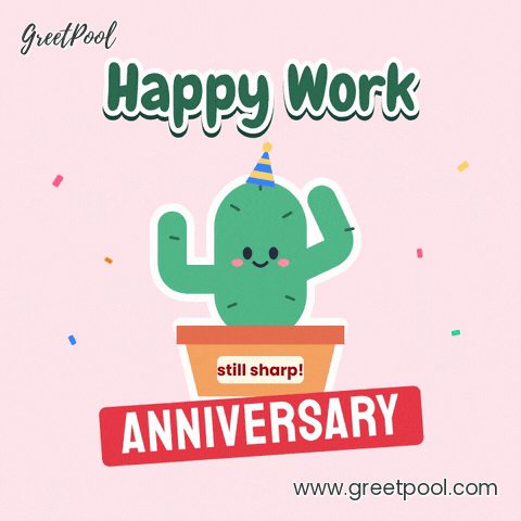 Funny Work Anniversary Cactus Sharp Happy work anniversary, a waving cactus in a party hat with a still sharp pot label and red stamp