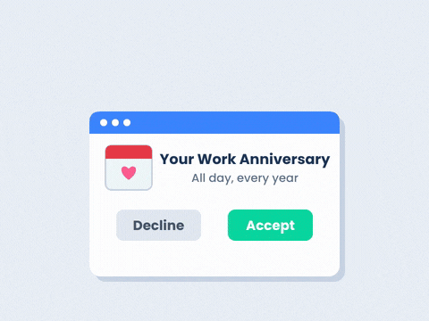 Funny Work Anniversary Calendar Invite Happy work anniversary calendar invite, a cursor clicks accept and an RSVP yes chip pops with confetti