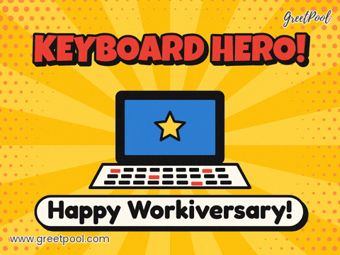 Funny Work Anniversary Keyboard Hero Keyboard hero laptop with Tap and Clack comic bursts and a Happy Workiversary caption on yellow rays