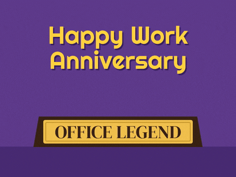Funny Work Anniversary Office Legend Happy work anniversary with a gold crown landing on an Office Legend desk nameplate on purple