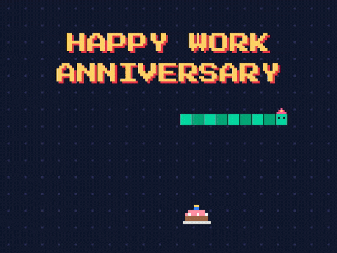Happy work anniversary in 8-bit letters as a pixel snake eats a party cake and scores plus one year