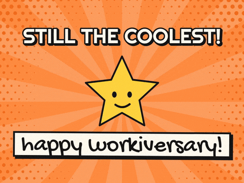 Funny Work Anniversary Still The Coolest Still the coolest: sunglasses drop onto a smiling comic star with a happy workiversary caption on orange