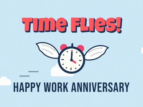 Time flies, happy work anniversary: alarm clock with wings flapping across a pale blue sky