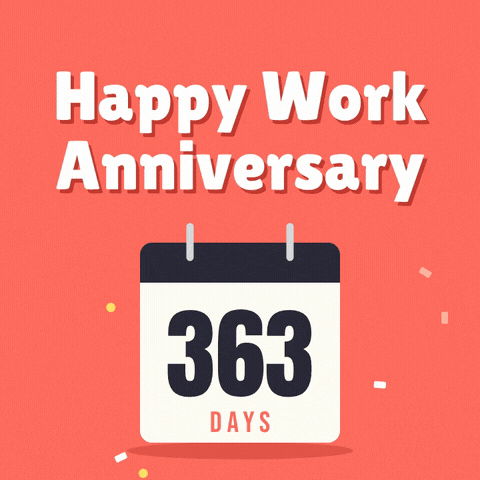 Happy work anniversary desk calendar flipping from day 365 to a gold star and plus one year on coral
