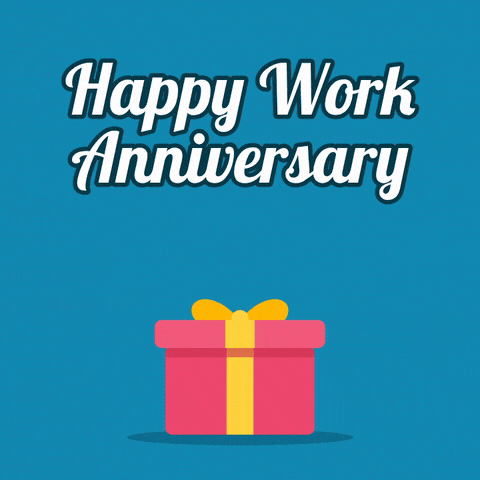 Happy Work Anniversary Gift Box Happy work anniversary gift box popping open with stars and hearts on a teal background