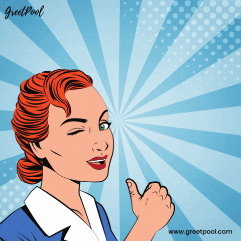 Animated happy work anniversary GIF with woman and megaphone