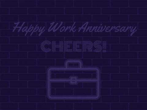 Happy work anniversary pink neon script and a blue neon cheers sign lighting up over a glowing briefcase