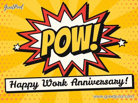 Work Anniversary Comic Pow Burst Happy work anniversary comic POW starburst in red and yellow with halftone dots and sunburst rays