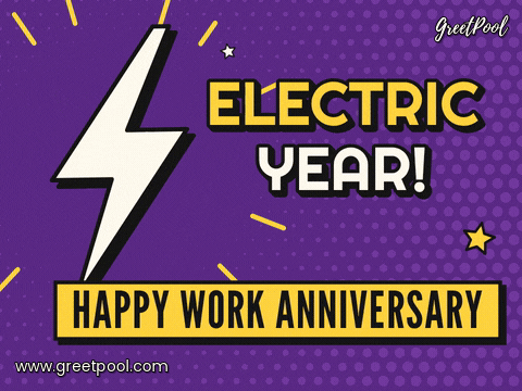 Work Anniversary Electric Year Lightning Electric year comic lightning bolt flashing on purple halftone with a Happy Work Anniversary caption