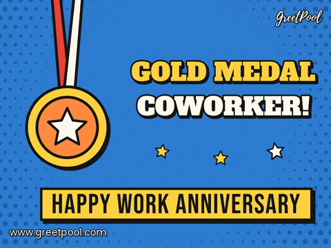 Work Anniversary Gold Medal Coworker Gold medal coworker comic medal swinging on a ribbon with a Happy Work Anniversary caption on blue halftone