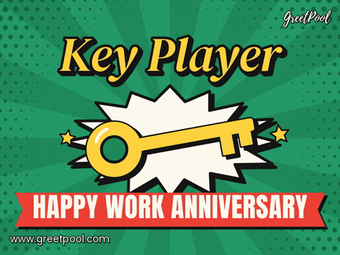 Key player golden key in a comic starburst with a red Happy Work Anniversary ribbon on green rays