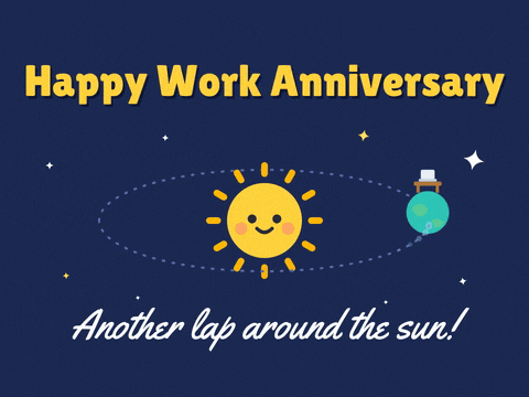 Work Anniversary Lap Around Sun Happy work anniversary, another lap around the sun: tiny desk planet orbiting a smiling sun