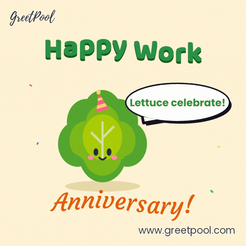 Work Anniversary Lettuce Celebrate Pun Happy work anniversary, lettuce celebrate, a hopping lettuce head in a party hat with a speech bubble