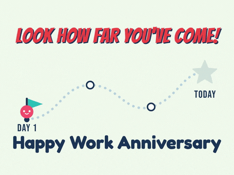 Work Anniversary Look How Far Look how far you've come, happy work anniversary: path from a day 1 flag to a gold star marked today