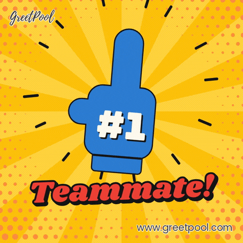 Number one teammate blue foam finger waving on yellow comic sunburst rays for a work anniversary