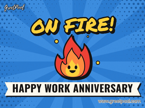 On fire comic flame character with a Happy Work Anniversary ribbon on blue halftone sunburst rays