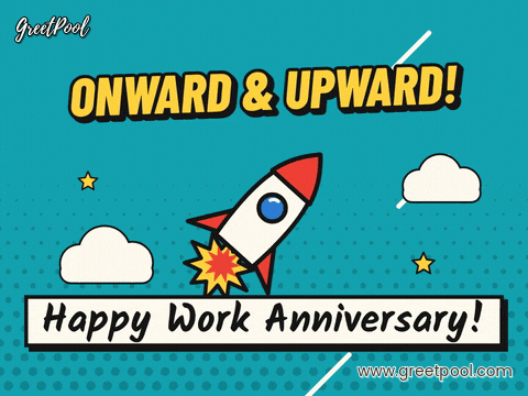 Work Anniversary Onward Upward Rocket Onward and upward comic rocket flying past clouds on teal halftone with a Happy Work Anniversary caption