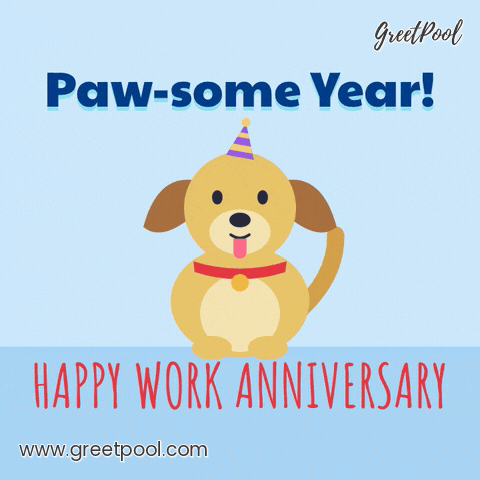 Work Anniversary Pawsome Office Dog Happy work anniversary, paw-some year, a wagging puppy in a party hat with a red collar on blue