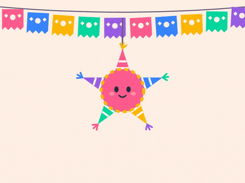 Work Anniversary Pinata Celebration Happy work anniversary, let's celebrate, a smiling star pinata spilling confetti under papel picado flags