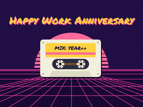 Happy work anniversary on repeat, a spinning retro cassette tape over an 80s neon sunset grid