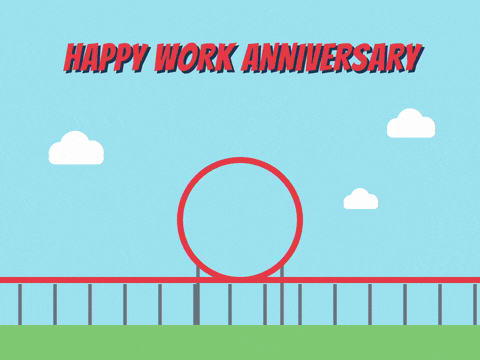 Happy work anniversary, what a ride, a yellow roller coaster car with cheering riders looping the loop