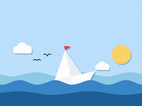 Work Anniversary Smooth Sailing Boat Happy work anniversary, smooth sailing ahead, a white paper boat bobbing on layered paper-cut waves