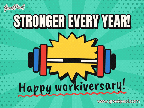 Work Anniversary Stronger Every Year Barbell Stronger every year comic barbell lifting in a yellow starburst with Happy workiversary handwritten below