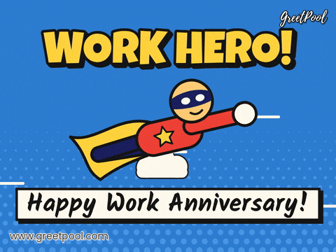 Work Anniversary Superhero Work Hero Work hero in a yellow cape flying past clouds with a Happy Work Anniversary caption in comic book style