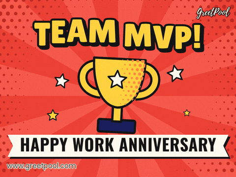Work Anniversary Team Mvp Trophy Team MVP gold trophy on red comic sunburst rays with a Happy Work Anniversary ribbon and stars