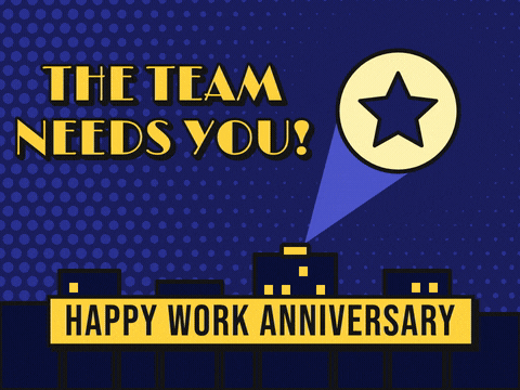 Work Anniversary Team Needs You Signal The team needs you: a star signal light over a comic city skyline with a Happy Work Anniversary caption