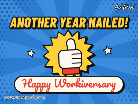 Another year nailed comic thumbs up glove in a yellow starburst with Happy Workiversary on blue rays