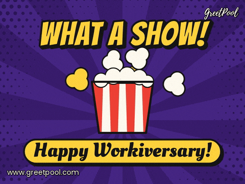 Work Anniversary What A Show Popcorn What a show comic popcorn bucket popping kernels with a Happy Workiversary banner on purple rays