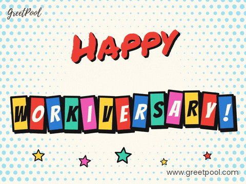 Happy Workiversary spelled in hopping colourful comic letter tiles over blue halftone dots and stars