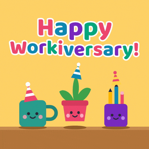 Work Anniversary Workiversary Desk Party Happy workiversary with a mug, plant and pencil cup in party hats hopping on a desk, work anniversary fun